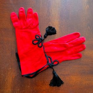 Vtg Silk Gloves Red With Black Tassel